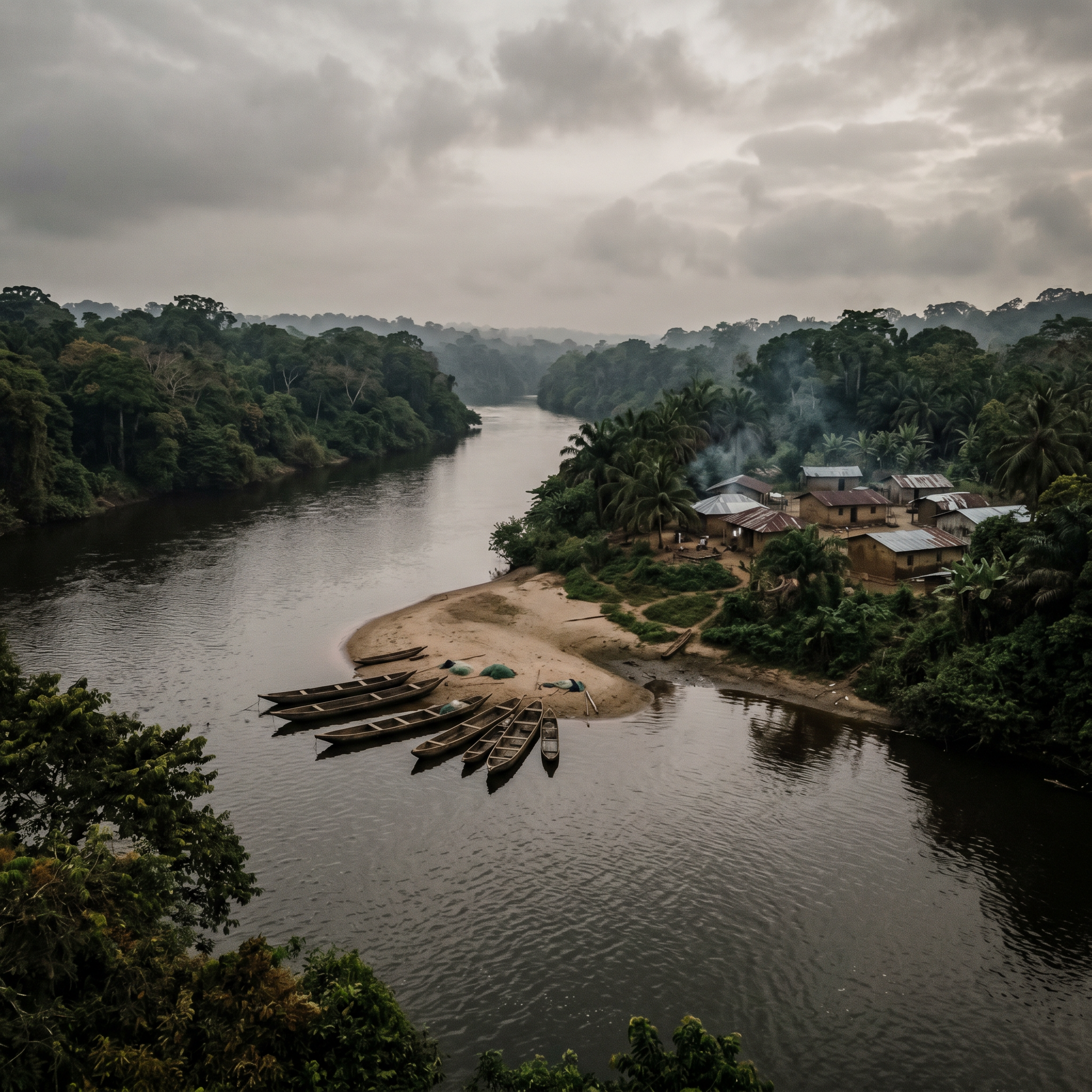 A village on the bank of Cross River, southern Nigeria, at overcast dawn.